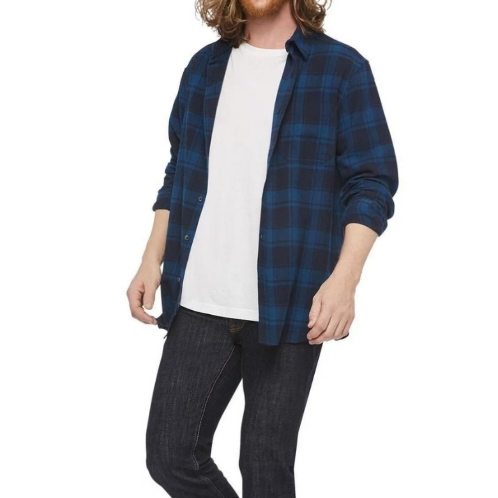 Lucky Brand Flannel Blue And Black Plaid Long Sleeve Button Down Shirt